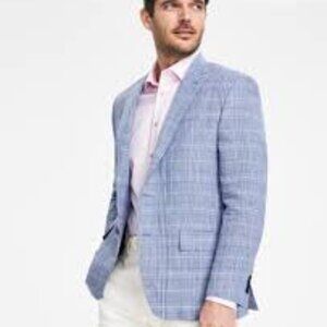 Michael Kors Mens Classic-Fit Linen Plaid Blue white 44R